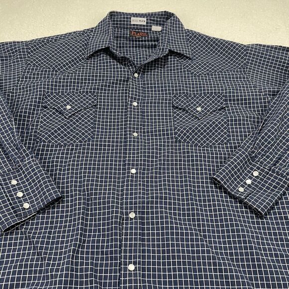 Plains Western Wear Mens 2XL Pearl Snap Shirt Big Man Navy Check Rodeo Cowboy LS - Picture 2 of 7